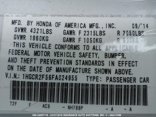 1HGCR2F56FA024955 - 2015 HONDA ACCORD SPORT 白色 照片 9