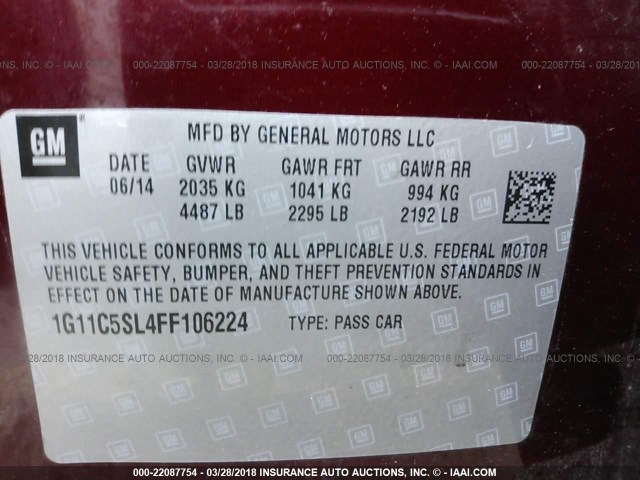 1G11C5SL4FF106224 - 2015 CHEVROLET MALIBU 1LT MAROON photo 9