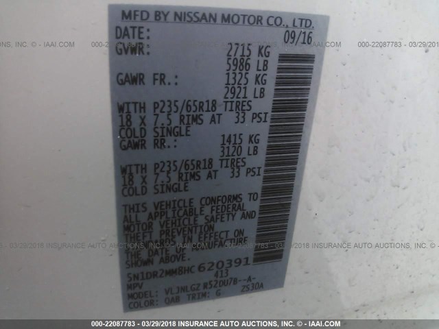 5N1DR2MM8HC620391 - 2017 NISSAN PATHFINDER S/SV/SL/PLATINUM 白色 照片 9