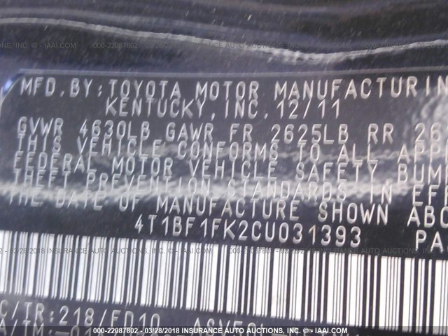 4T1BF1FK2CU031393 - 2012 TOYOTA CAMRY SE/LE/XLE Черный фото 9