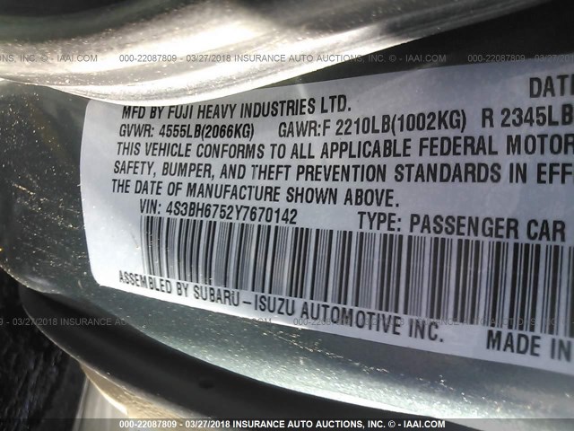 4S3BH6752Y7670142 - 2000 SUBARU LEGACY OUTBACK AWP 绿色 照片 9