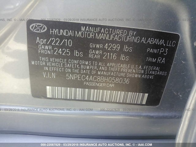 5NPEC4AC8BH058036 - 2011 HYUNDAI SONATA SE/LIMITED SILVER photo 9