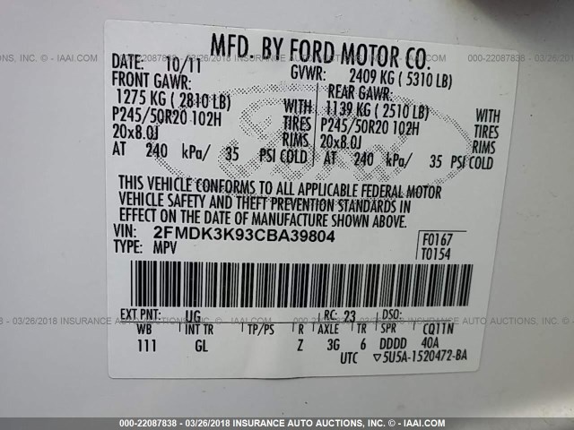 2FMDK3K93CBA39804 - 2012 FORD EDGE LIMITED WHITE photo 9