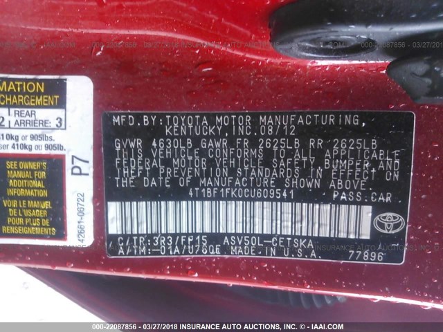 4T1BF1FK0CU609541 - 2012 TOYOTA CAMRY SE/LE/XLE Қызыл фото 9