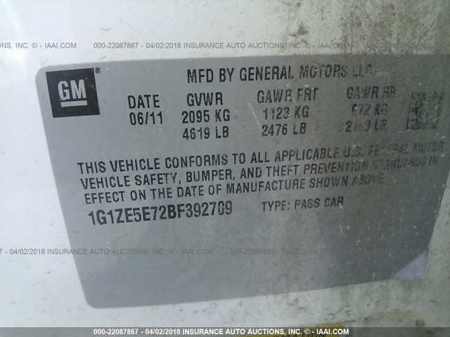 1G1ZE5E72BF392709 - 2011 CHEVROLET MALIBU LTZ WHITE photo 9