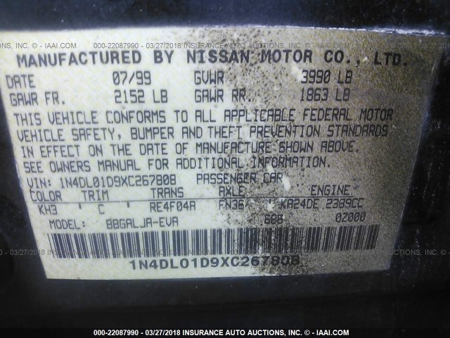 1N4DL01D9XC267808 - 1999 NISSAN ALTIMA XE/GXE/SE/GLE BLACK photo 9