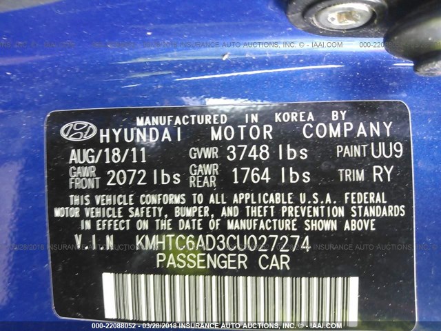 KMHTC6AD3CU027274 - 2012 HYUNDAI VELOSTER BLUE photo 9