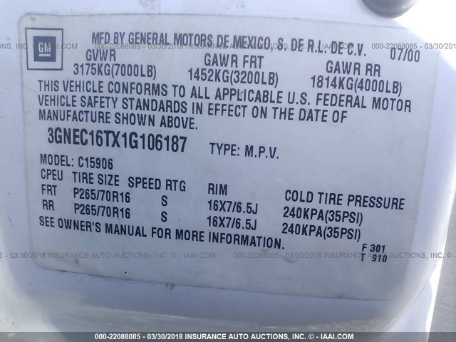 3GNEC16TX1G106187 - 2001 CHEVROLET SUBURBAN C1500 WHITE photo 9