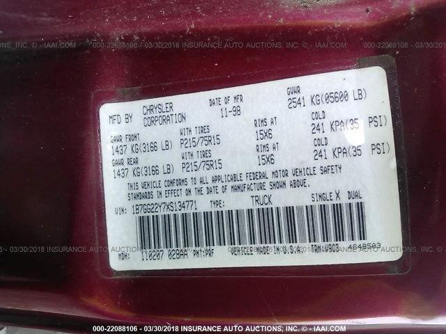 1B7GG22Y7XS134771 - 1999 DODGE DAKOTA RED photo 9