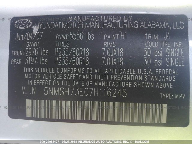 5NMSH73E07H116245 - 2007 HYUNDAI SANTA FE SE/LIMITED Light Blue photo 9