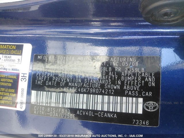 4T4BE46K79R074212 - 2009 TOYOTA CAMRY SE/LE/XLE BLUE photo 9