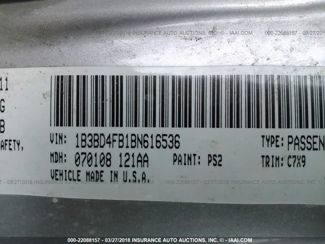 1B3BD4FB1BN616536 - 2011 DODGE AVENGER EXPRESS 银色 照片 9