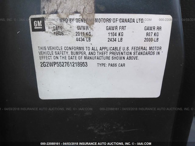2G2WP552761218953 - 2006 PONTIAC GRAND PRIX GRAY photo 9