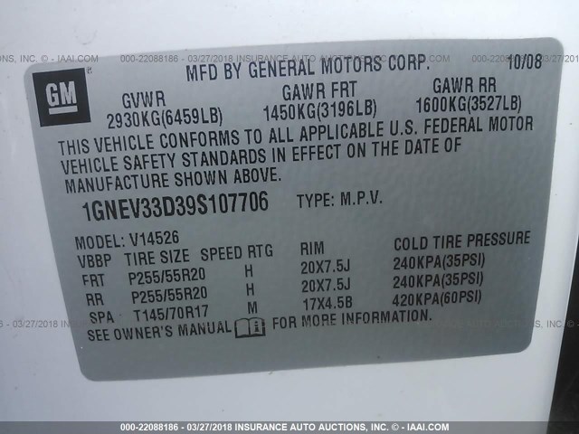 1GNEV33D39S107706 - 2009 CHEVROLET TRAVERSE LTZ WHITE photo 9