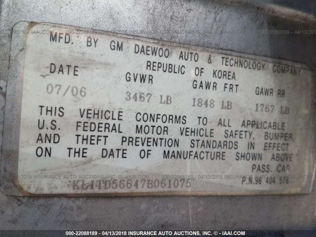 KL1TD56647B061075 - 2007 CHEVROLET AVEO LS BLUE photo 9