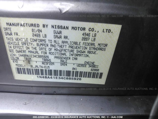 1N4BA41E34C885926 - 2004 NISSAN MAXIMA SE/SL GOLD photo 9