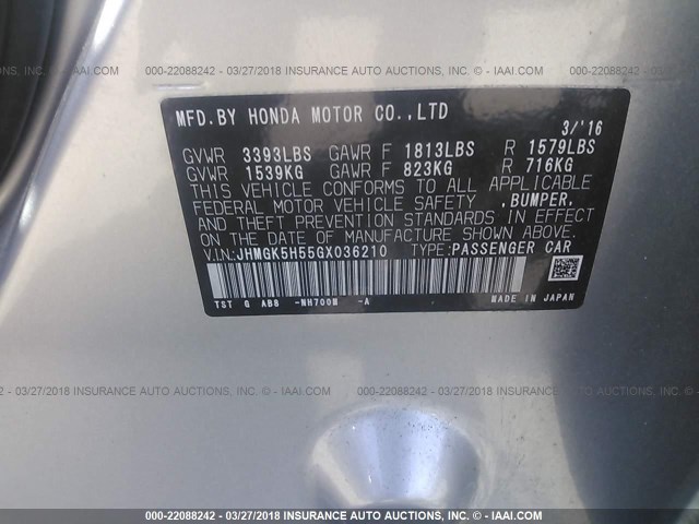 JHMGK5H55GX036210 - 2016 HONDA FIT LX فضي صورة 9