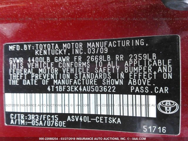 4T1BF3EK4AU503622 - 2010 TOYOTA CAMRY SE/LE/XLE MAROON photo 9