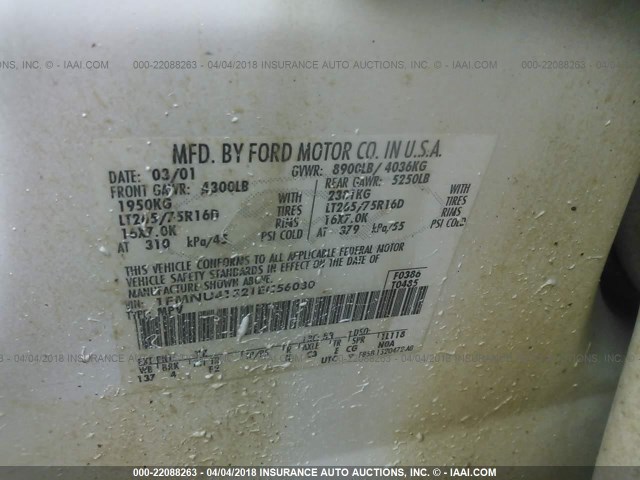 1FMNU41S21EC56030 - 2001 FORD EXCURSION XLT WHITE photo 9