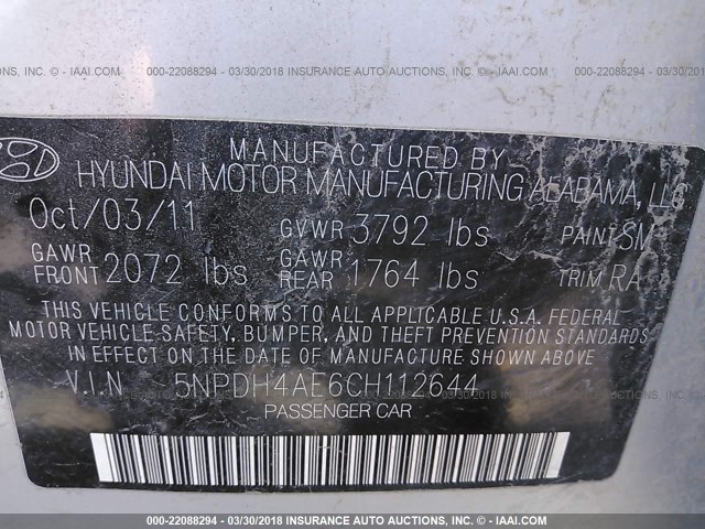 5NPDH4AE6CH112644 - 2012 HYUNDAI ELANTRA GLS/LIMITED SILVER photo 9