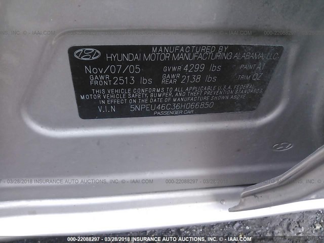 5NPEU46C36H066850 - 2006 HYUNDAI SONATA GLS/LX GOLD photo 9