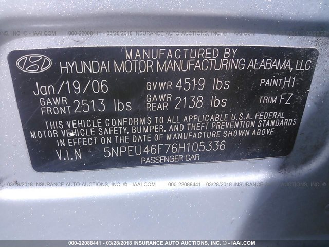 5NPEU46F76H105336 - 2006 HYUNDAI SONATA GLS/LX Light Blue photo 9