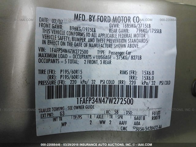 1FAFP34N47W272500 - 2007 FORD FOCUS ZX4/S/SE/SES 棕色 照片 9