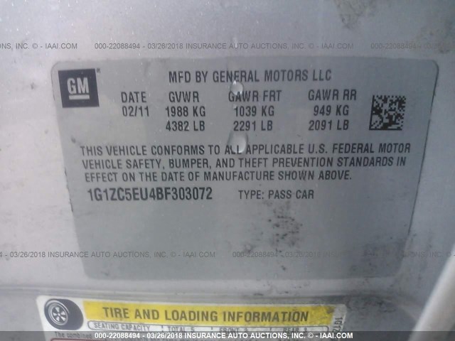 1G1ZC5EU4BF303072 - 2011 CHEVROLET MALIBU 1LT 银色 照片 9