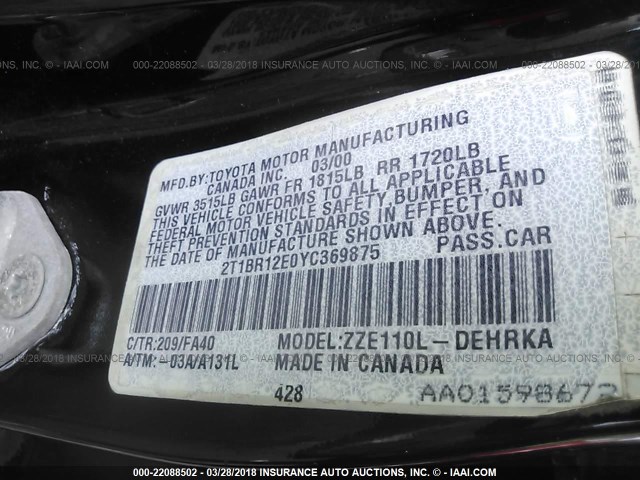 2T1BR12E0YC369875 - 2000 TOYOTA COROLLA VE/CE/LE 黑色 照片 9