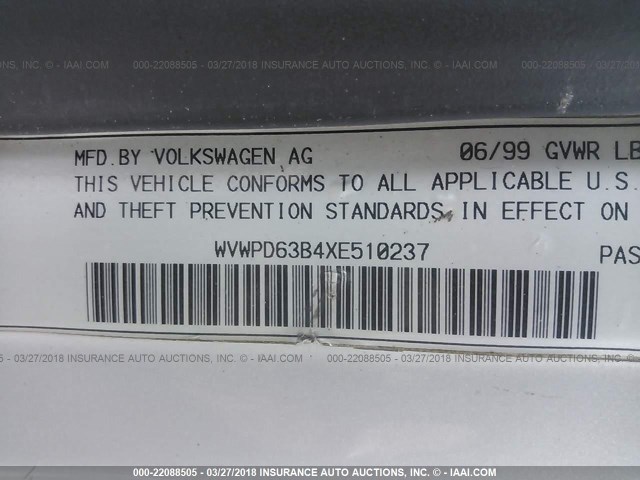 WVWPD63B4XE510237 - 1999 VOLKSWAGEN PASSAT GLX 银色 照片 9