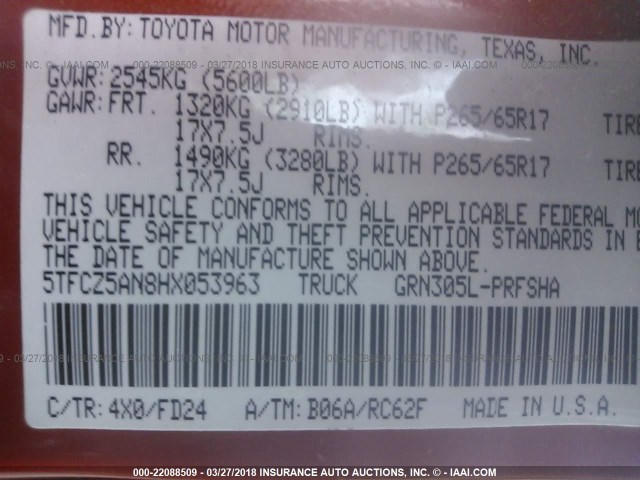 5TFCZ5AN8HX053963 - 2017 TOYOTA TACOMA DBL CAB/SR/TRDSPT/OR/PRO ნარინჯისფერი ფოტო 9