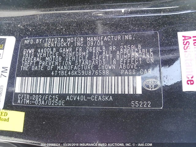 4T1BE46K59U876588 - 2009 TOYOTA CAMRY SE/LE/XLE BLACK photo 9