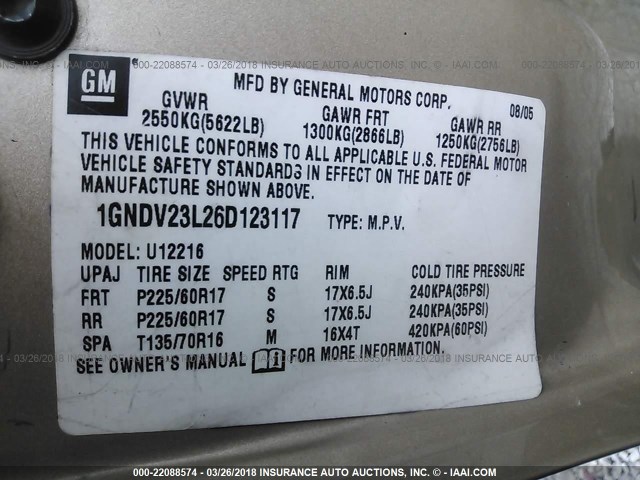 1GNDV23L26D123117 - 2006 CHEVROLET UPLANDER LS TAN photo 9