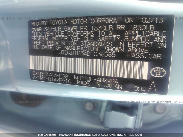 JTDKDTB34D1036585 - 2013 TOYOTA PRIUS C Light Blue photo 9