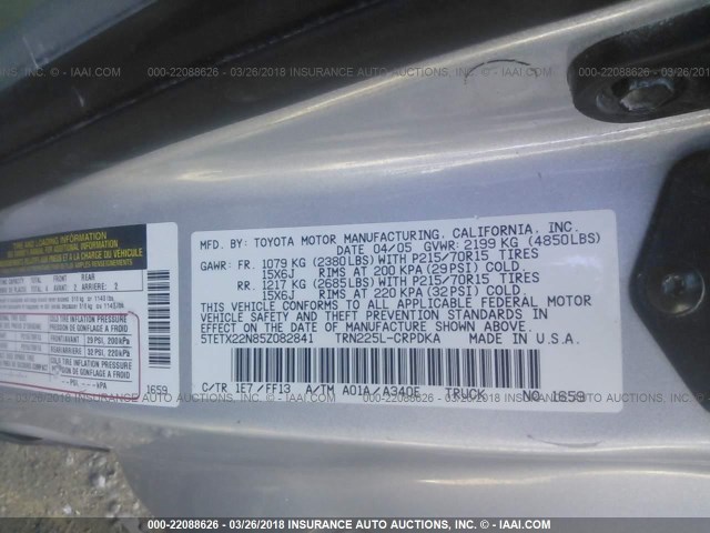 5TETX22N85Z082841 - 2005 TOYOTA TACOMA ACCESS CAB SILVER photo 9