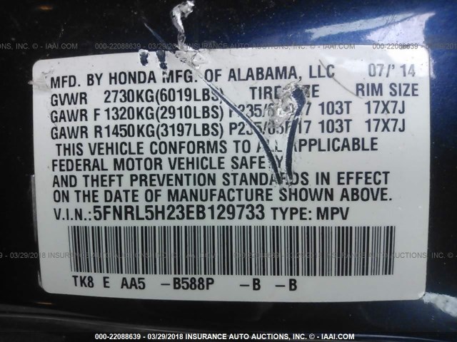 5FNRL5H23EB129733 - 2014 HONDA ODYSSEY LX Dark Blue photo 9