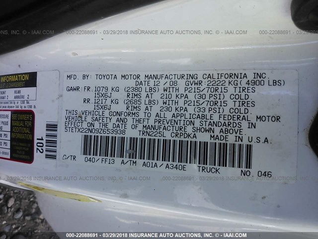 5TETX22N09Z653938 - 2009 TOYOTA TACOMA ACCESS CAB Ақ фото 9