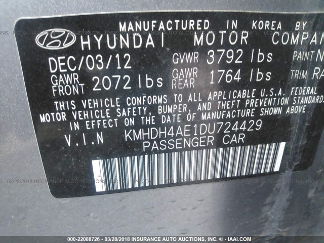 KMHDH4AE1DU724429 - 2013 HYUNDAI ELANTRA GLS/LIMITED SILVER photo 9