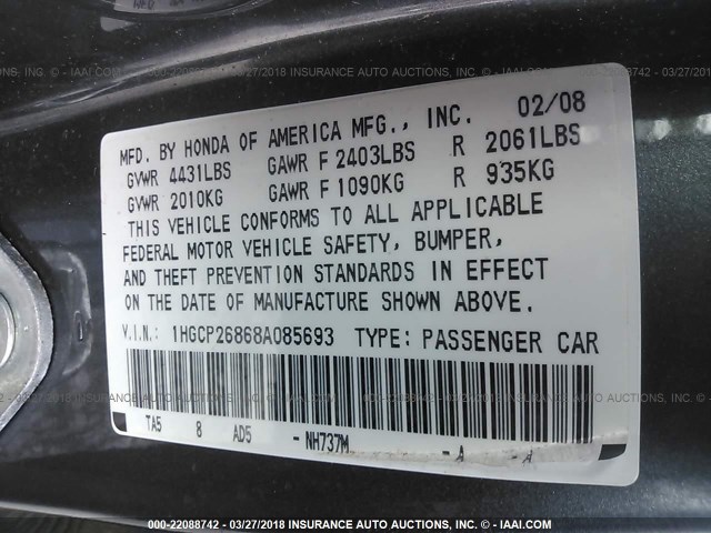 1HGCP26868A085693 - 2008 HONDA ACCORD EXL GRAY photo 9