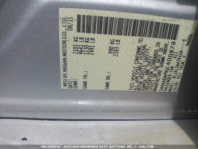 1N4AA6AP9GC400878 - 2016 NISSAN MAXIMA 3.5S/SV/SL/SR/PLAT SILVER photo 9