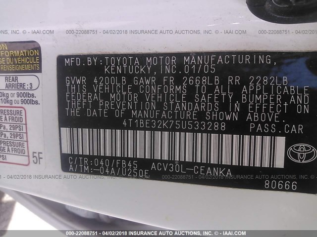 4T1BE32K75U533288 - 2005 TOYOTA CAMRY LE/XLE/SE WHITE photo 9