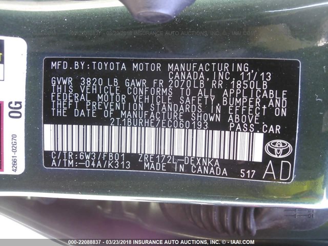 2T1BURHE7EC060193 - 2014 TOYOTA COROLLA L/LE/LE PLS/PRM/S/S PLS GREEN photo 9