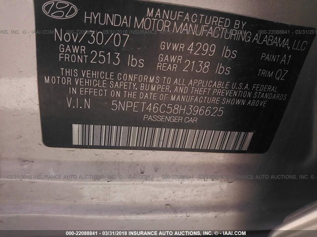 5NPET46C58H396625 - 2008 HYUNDAI SONATA GLS GOLD photo 9