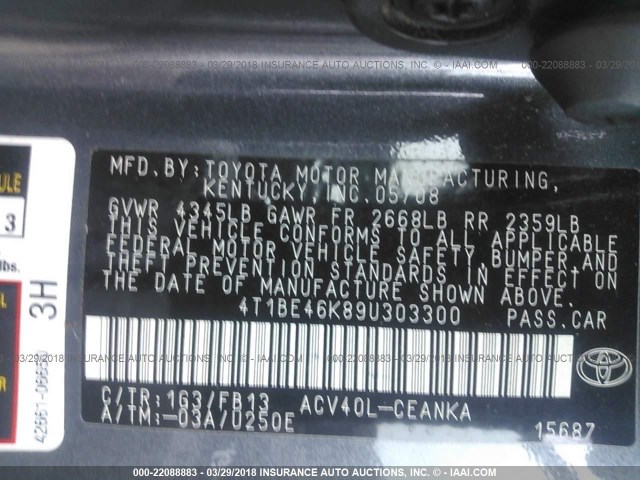 4T1BE46K89U303300 - 2009 TOYOTA CAMRY SE/LE/XLE GRAY photo 9