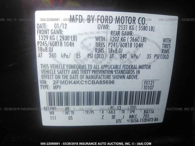 2FMDK4KC1CBA85696 - 2012 FORD EDGE LIMITED MAROON photo 9