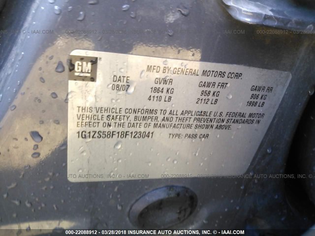 1G1ZS58F18F123041 - 2008 CHEVROLET MALIBU LS ნაცრისფერი ფოტო 9