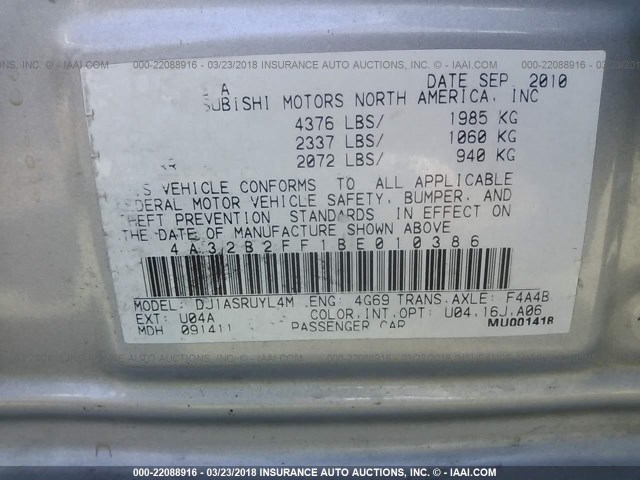 4A32B2FF1BE010386 - 2011 MITSUBISHI GALANT FE SILVER photo 9