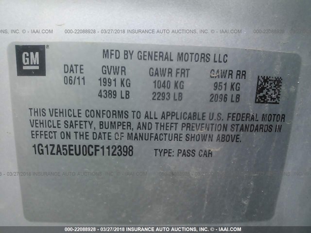 1G1ZA5EU0CF112398 - 2012 CHEVROLET MALIBU LS ვერცხლისფერი ფოტო 9