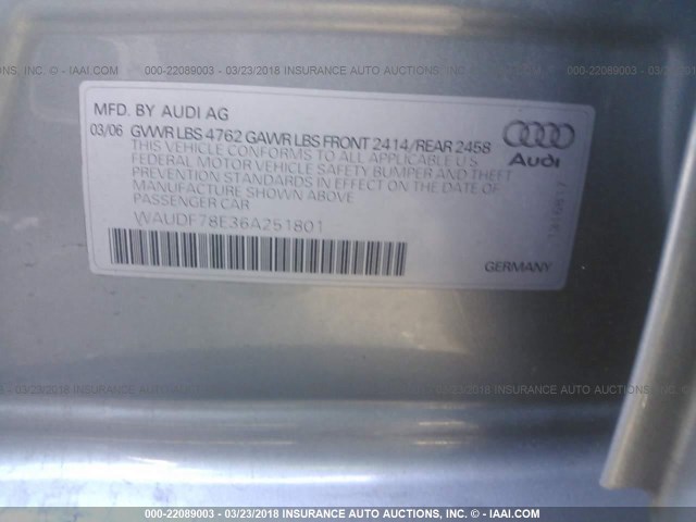 WAUDF78E36A251801 - 2006 AUDI A4 2.0T QUATTRO GRAY photo 9