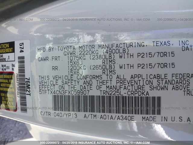 5TFTX4CN3FX059907 - 2015 TOYOTA TACOMA ACCESS CAB Weiß Foto 9